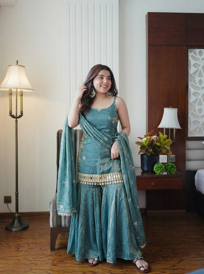 Sharara Suit With Gold Embroidery And Mirror Work