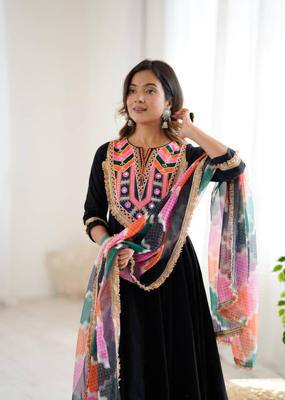 BLACK KHADI COTTON DESIGNER GOWN WITH EMBROIDERED MIRROR WORK & DIGITAL PRINT DUPATTA