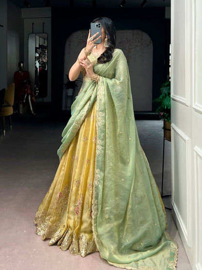 Mustard Yellow Silk Lehenga Choli With Green Embroidered Dupatta