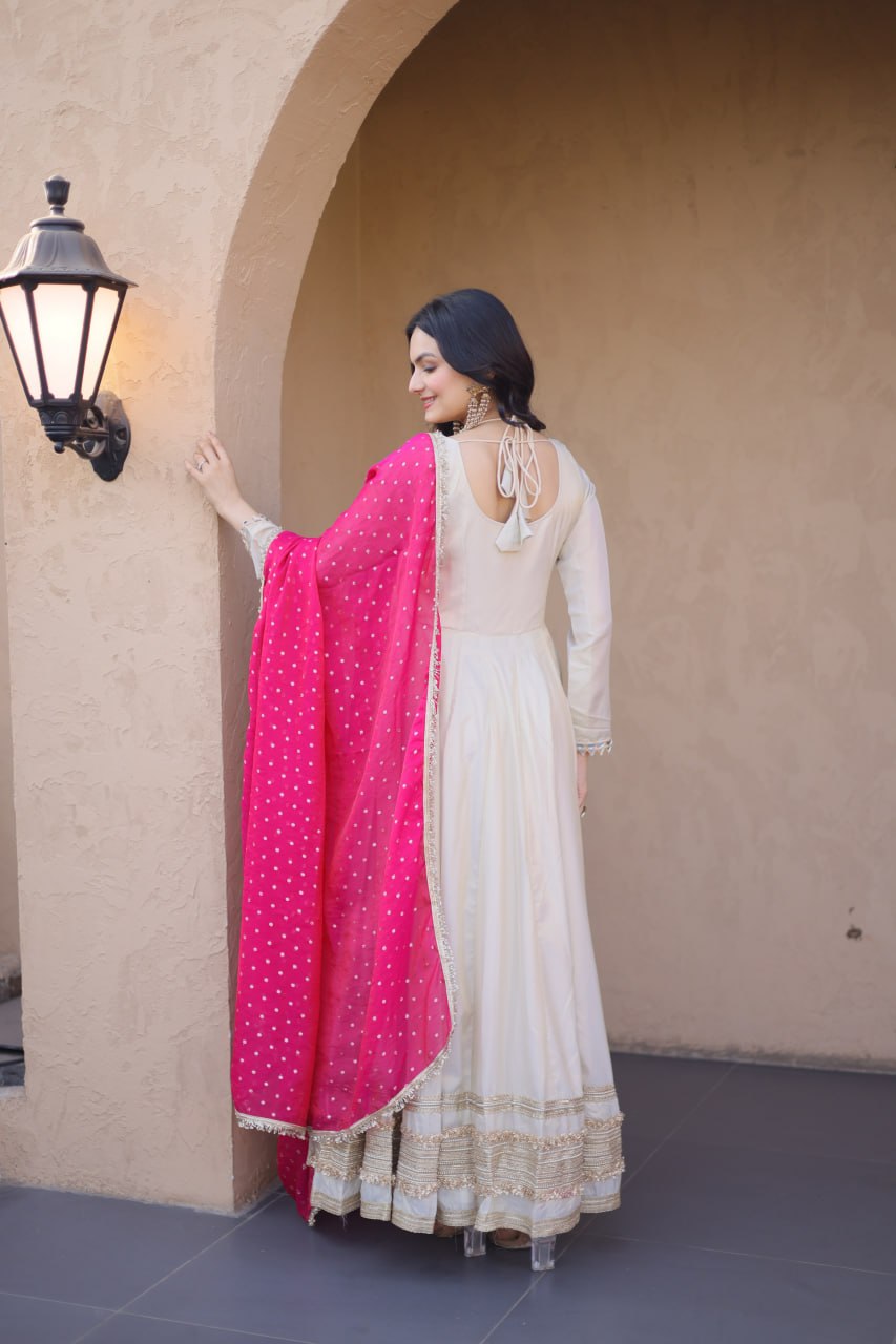Real Mirror Work Anarkali Gown With Rani Pink Dupatta