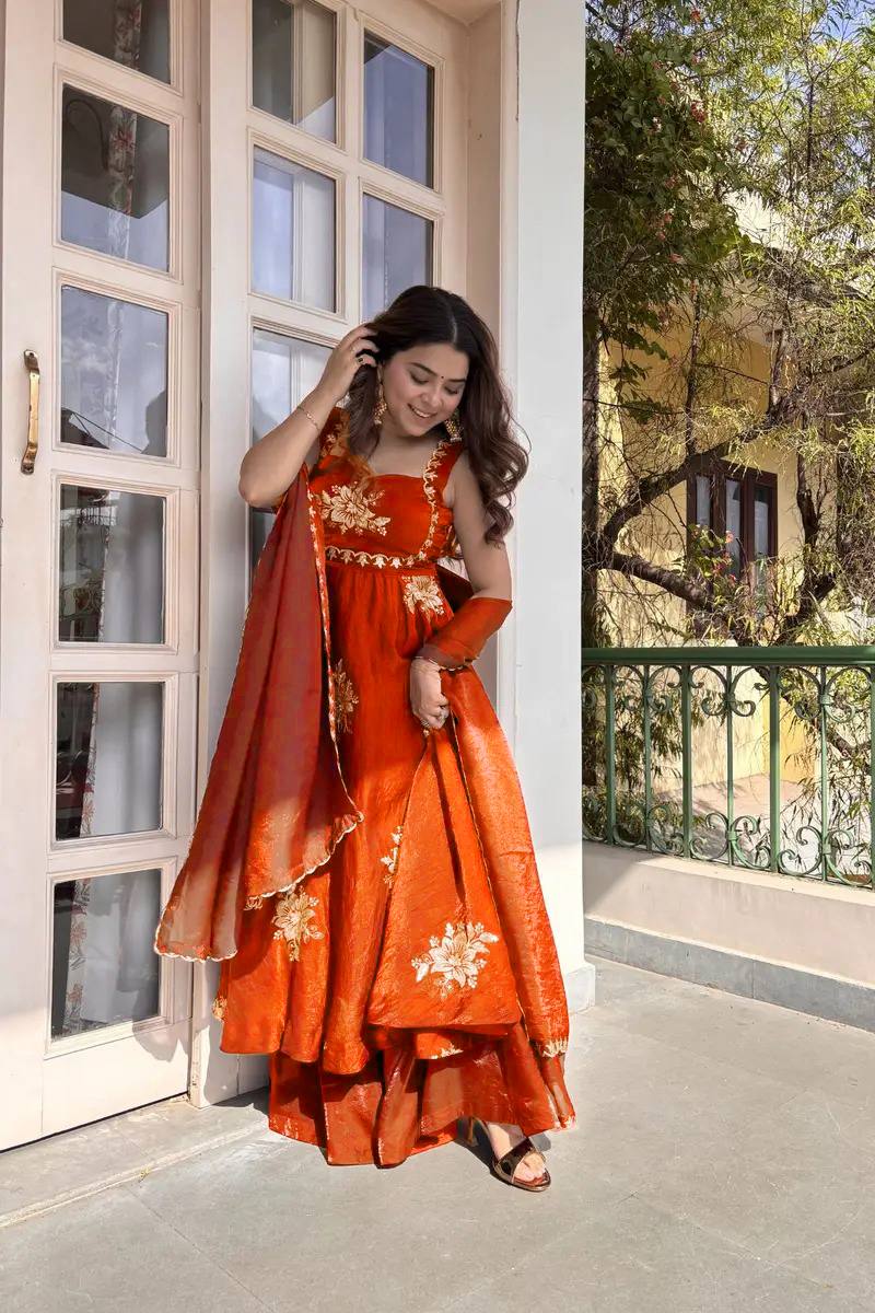 Floral Embroidered Sleeveless Anarkali Gown With Dupatta Set