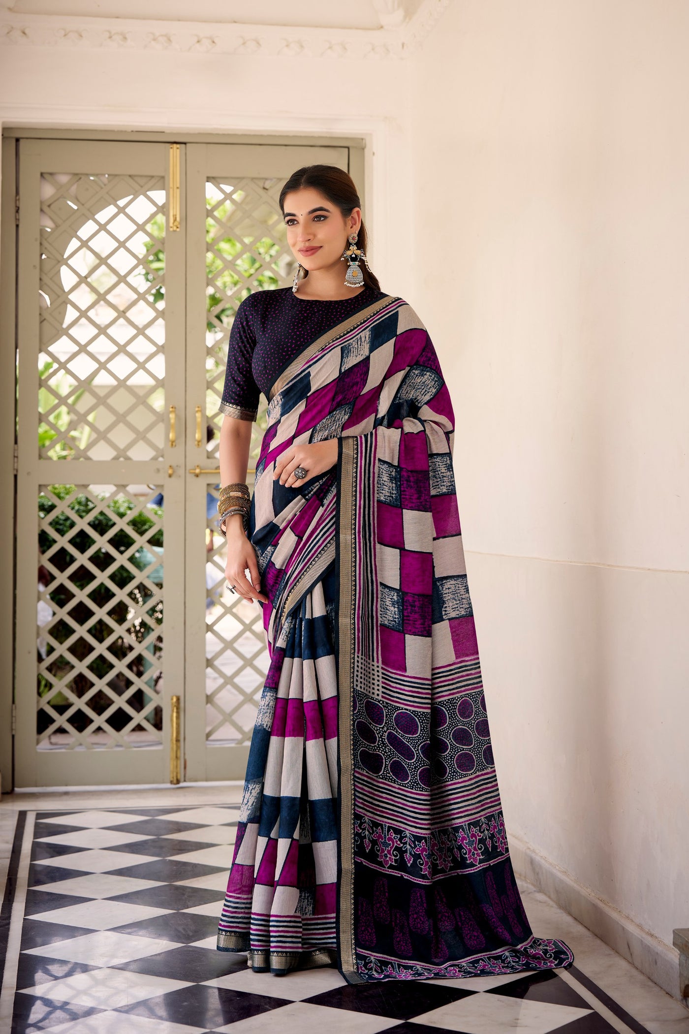 Elegant Patchwork Saree With Geometric Prints