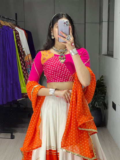 Orange Pink And White Colour Combination Navratri Lehenga Choli With Bandhani Dupatta