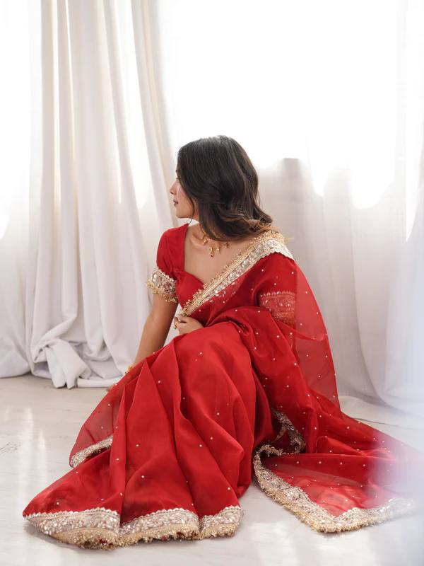 Red Fandy Satin Saree With Gold Embroidery And Mirror Work