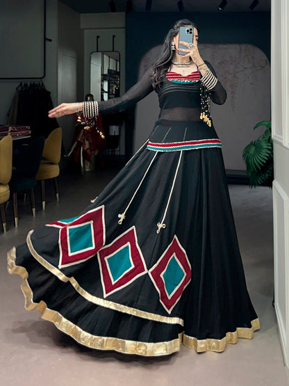Black 7 Meter Flair Lehenga Set With Mirror Work Blouse