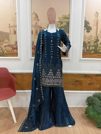 Teal Blue Heavy Embroidered Sharara Suit Set With Zari And Sequin Work Dupatta