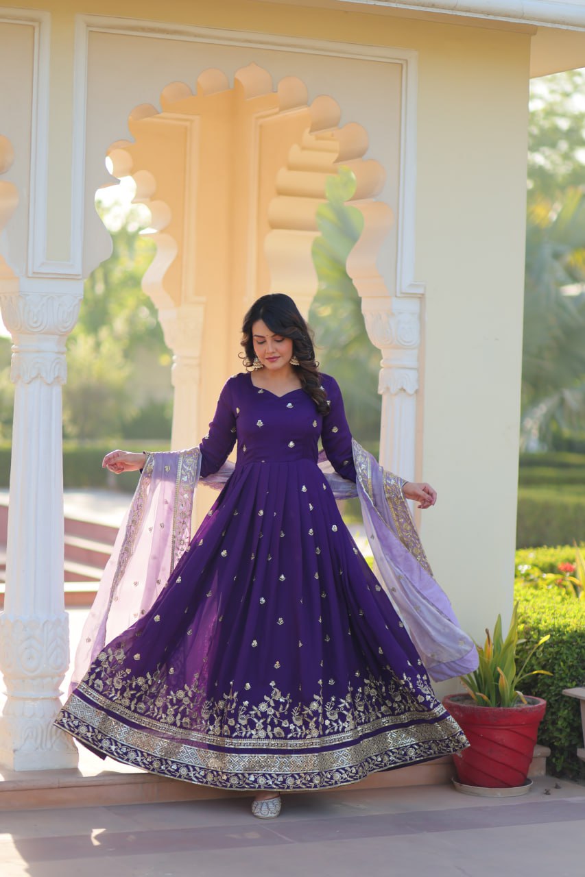 Purple Anarkiri With  Embroidery And Lavender Dupatta