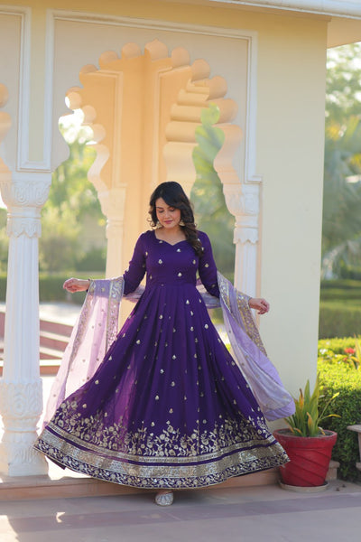 Purple Anarkiri With  Embroidery And Lavender Dupatta