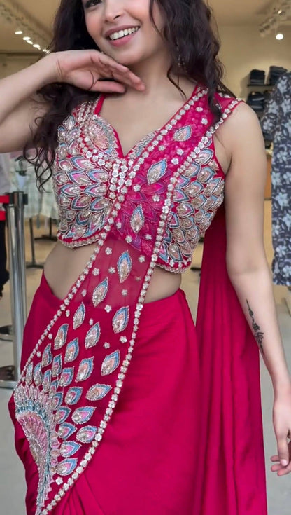 Red Pre-Draped Saree And Multicolour Embroidery Blouse