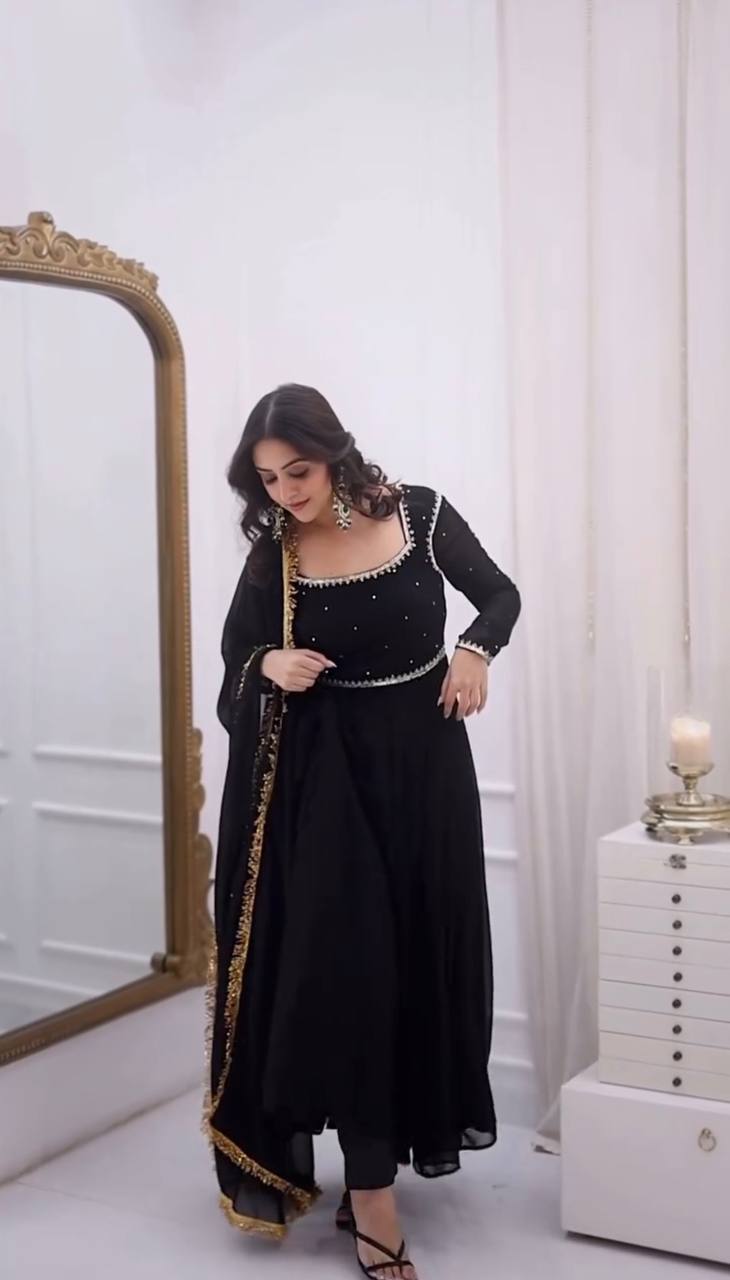 Black Georgette Anarkali Suit Work And Golden Lace Dupatta