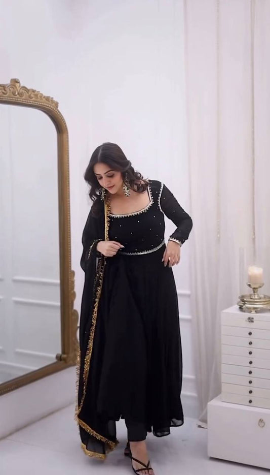 Black Georgette Anarkali Suit Work And Golden Lace Dupatta