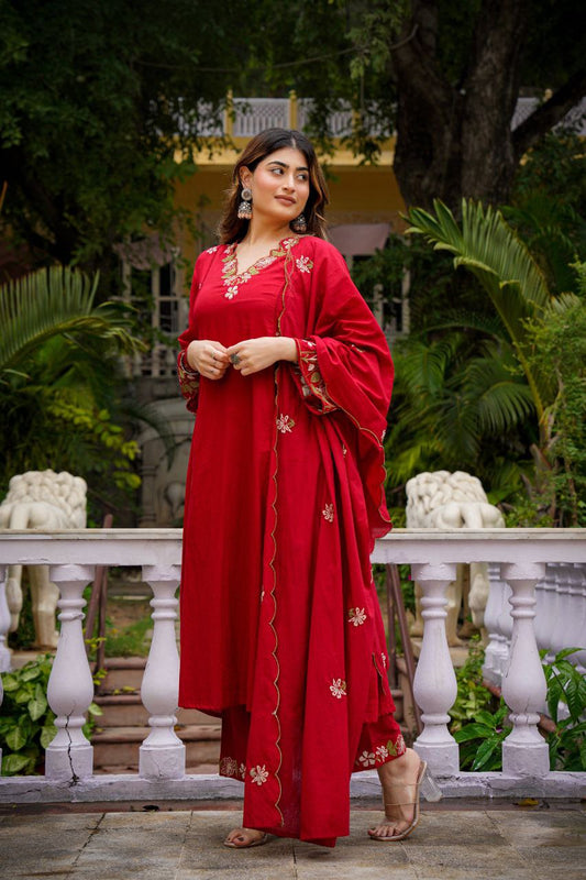 Red Silk Anarkali Suit With Floral Embroidery And Matching Dupatta – Ethnic 3‑Piece Set