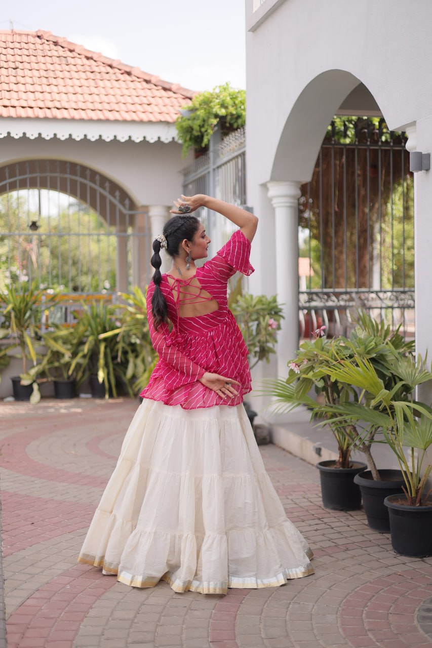 12 Meter Layered Flared Lehenga Choli With Kutchi Mirror Work And Leheriya Ruffle Top