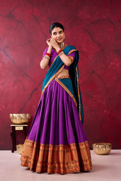 Royal Purple Narayan Pet With Teal Blue Dupatta And Zari Border