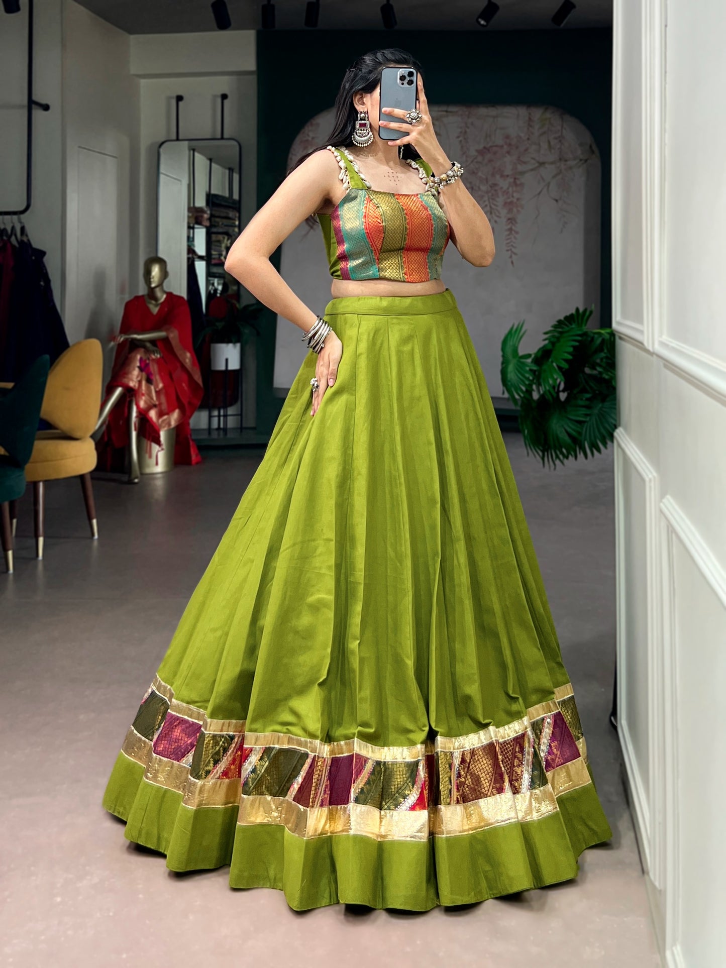 5 Meter Flair Parrot Green Lehenga Choli With Patchwork Border