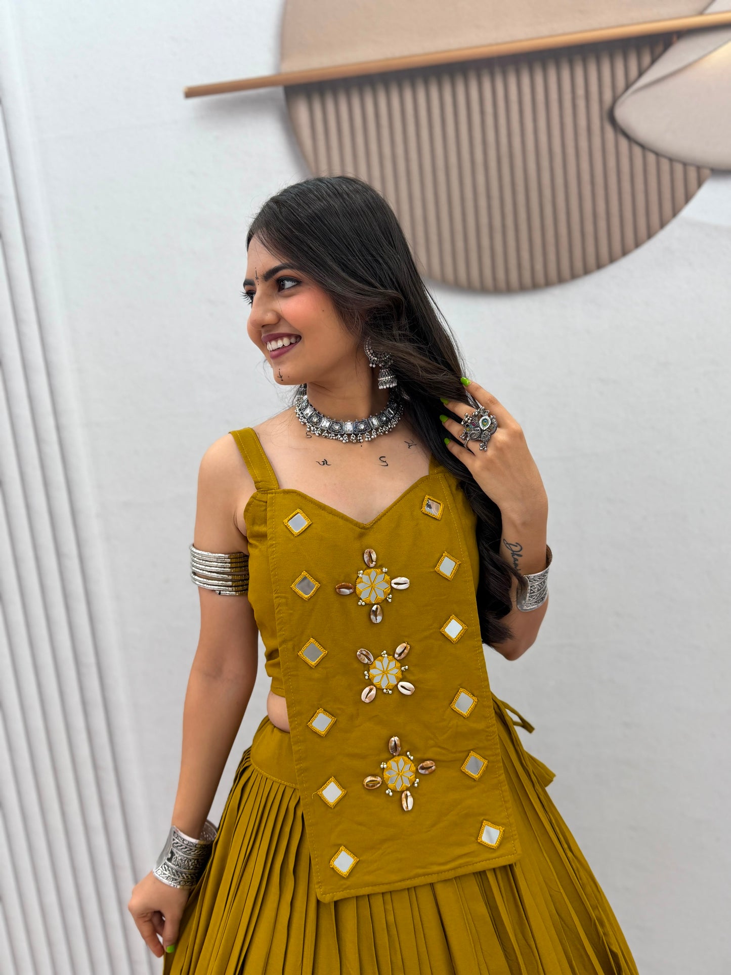 6 Meter Flair Mustard Yellow Plain Lehenga Choli With Mirror Work Jacket