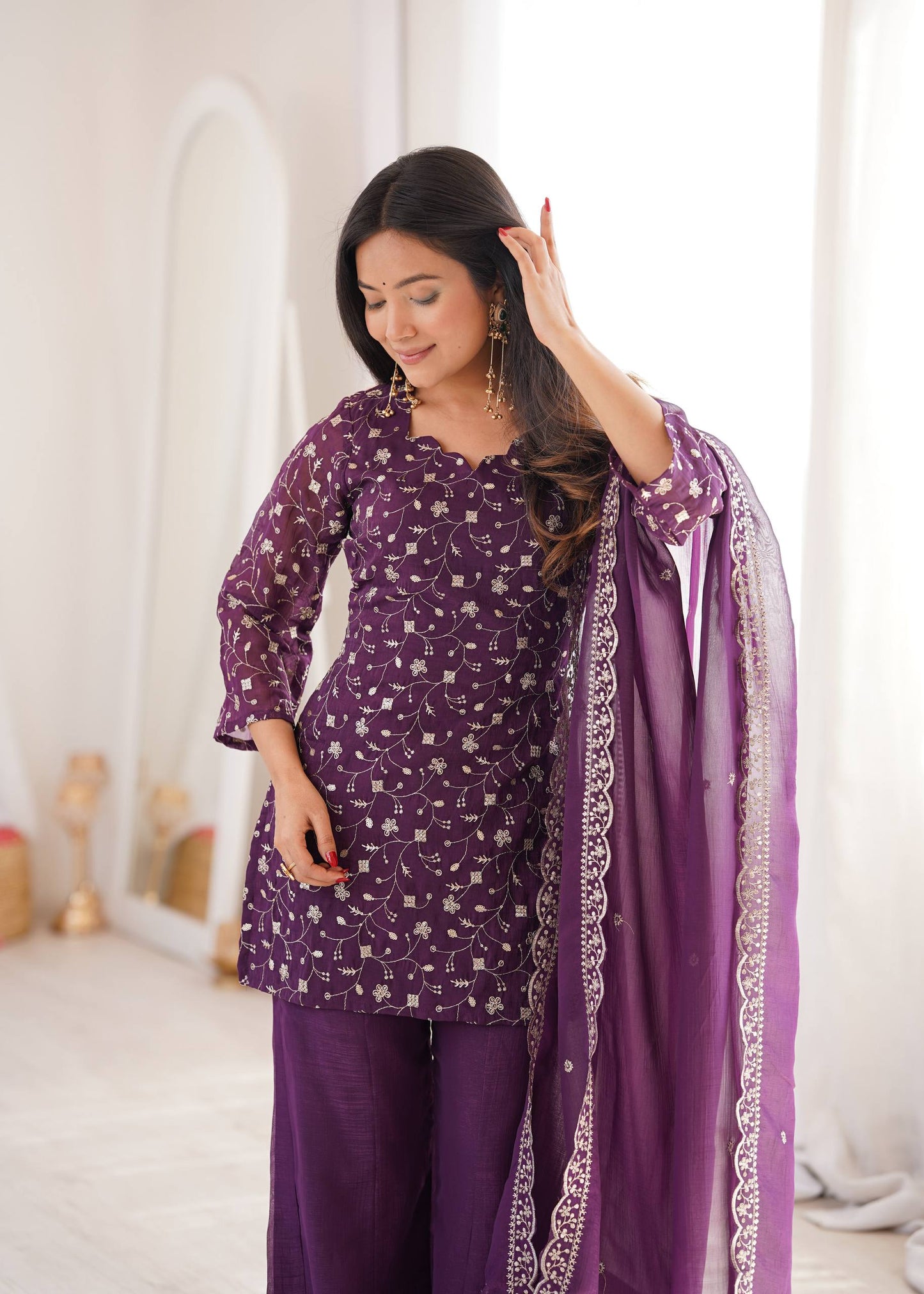 Purple Embroidered Suit Bell Bottom Pant - Festive Ethnic Wear