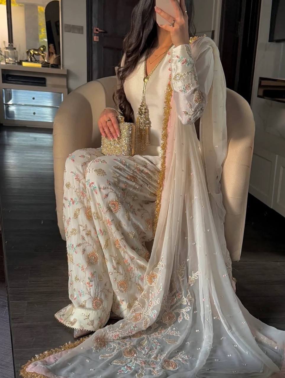 Short Kurta With Floral Embroidery Paired with Farshi Salwar and Net Dupatta with Gold Lace
