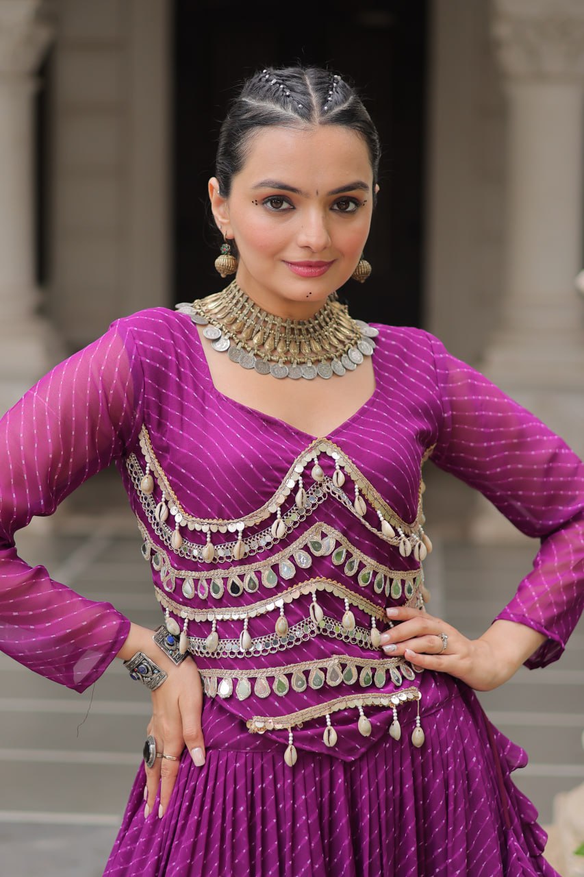 12 Meter Flair Leheriya Lehenga Set With Mirror Work Blouse - 5 Colors