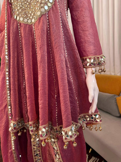 Rose Pink Mirror Work Short Anarkali Kurta With Dhoti Style Pants And Dupatta Set