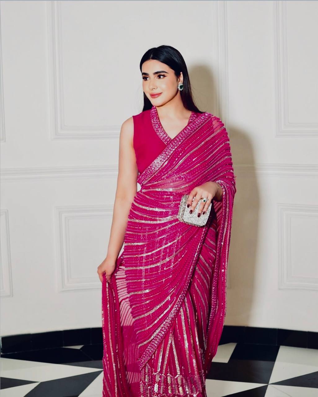 Pink Saree With Silver Accents