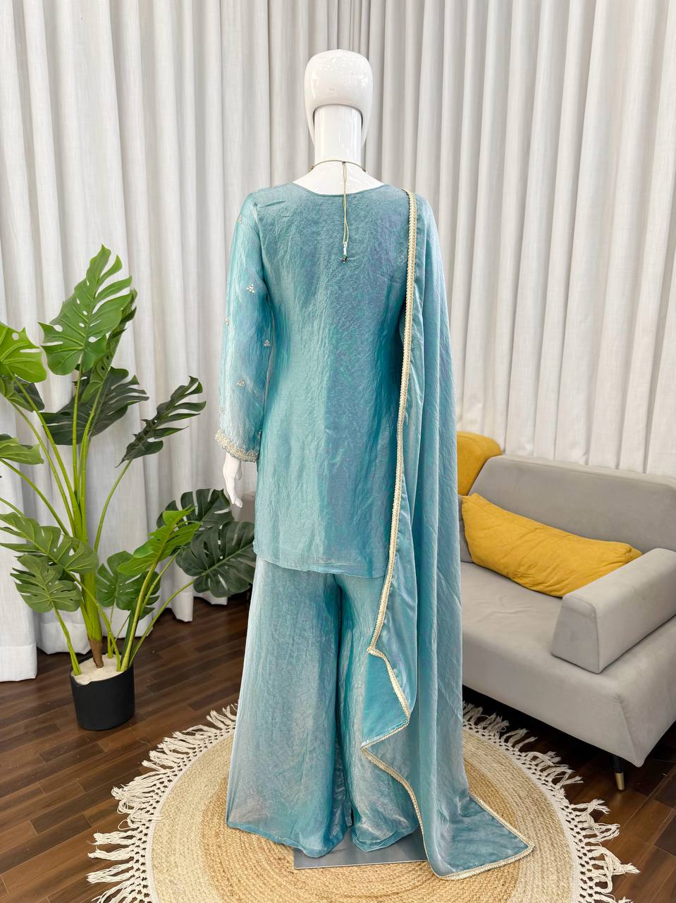 Ice Blue Silk Plazzo Suit With Heavy Zari And Sequins Embroidery