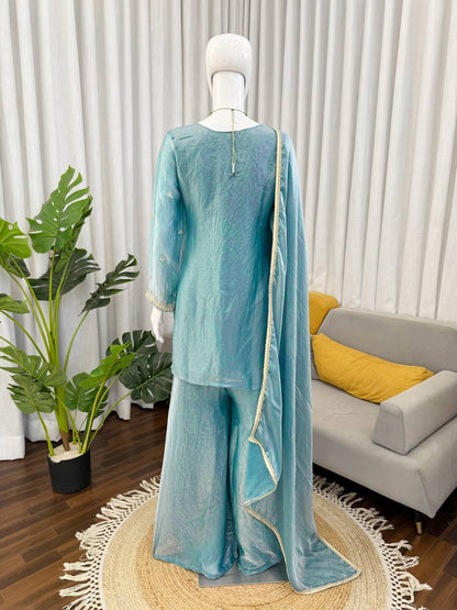 Ice Blue Silk Plazzo Suit With Heavy Zari And Sequins Embroidery