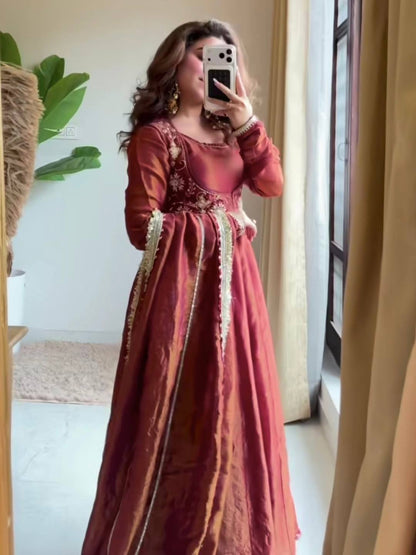 Red Silk Anarkali Suit With Gold Embroidery And Matching Dupatta