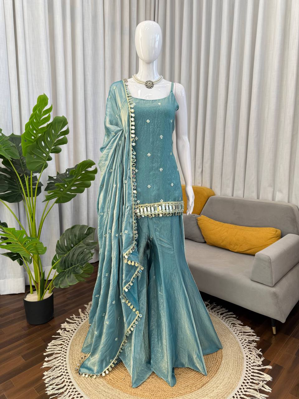 Sharara Suit With Gold Embroidery And Mirror Work