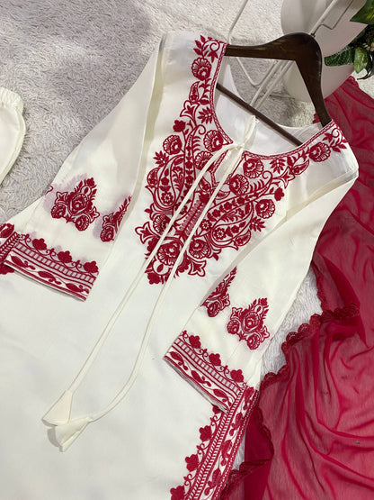 Cream Embroidery Suit With Red Dupatta And White Pants