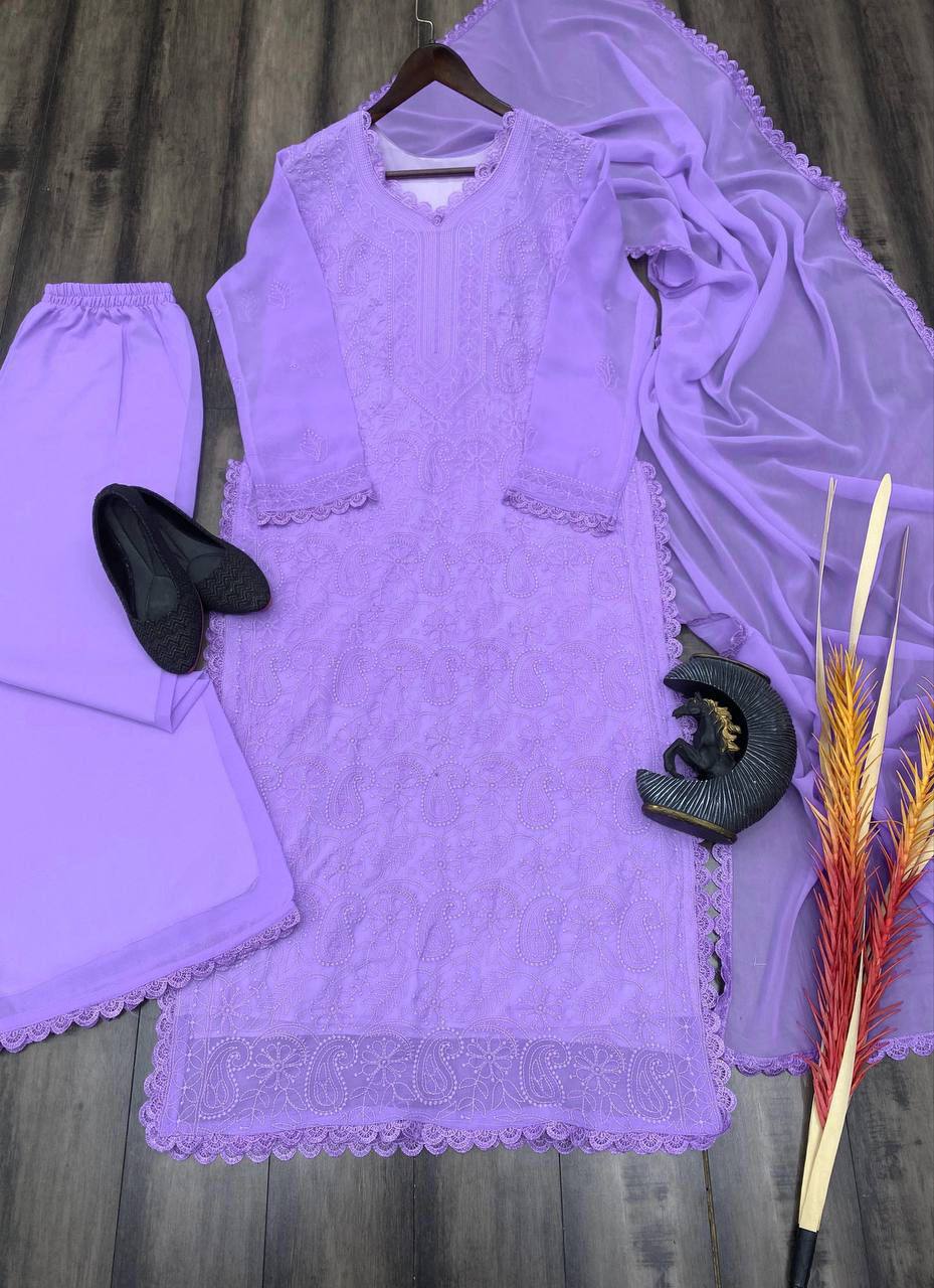 Lavender Chikankari Kurti With Lace Detail And Full Length Ethnic Wear