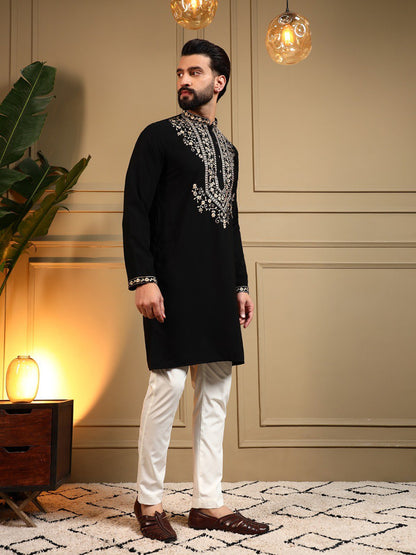Classic Designer Embroidered Kurta Set For Men With White Pajama