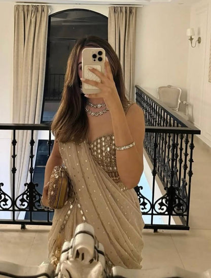 Gold Sequined Ready To Wear Saree With Gold Embroidery Blouse And Mirror Work Draped Ethnic Outfit