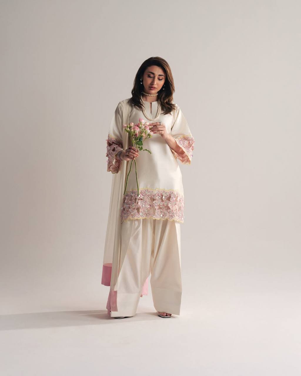 Elegant Off-White Silk Kurti With Pink Floral Embroidered Sleeves With White Salwar