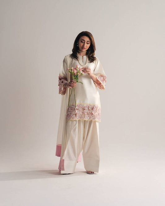 Elegant Off-White Silk Kurti With Pink Floral Embroidered Sleeves With White Salwar