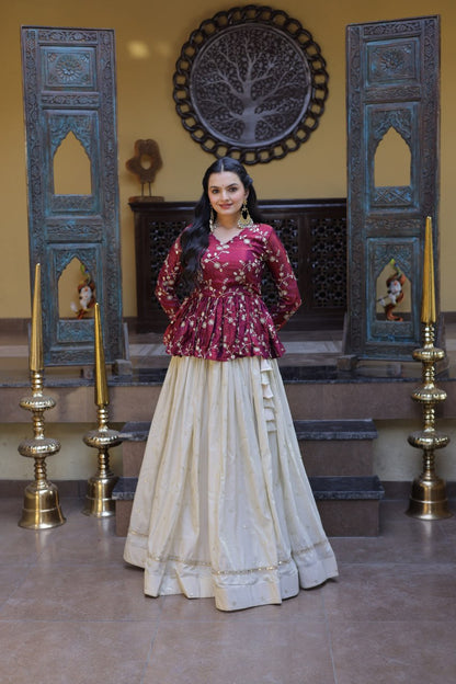 Wine Floral Embroidered Peplum Top With Off-White Lehenga Skirt Set