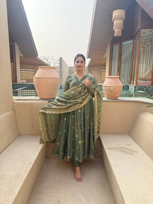 Green Anarkali Suit With Gold Embroidery And Matching Dupatta | Ethnic Festive Outfit