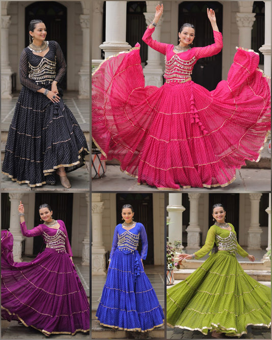 12 Meter Flair Leheriya Lehenga Set With Mirror Work Blouse - 5 Colors