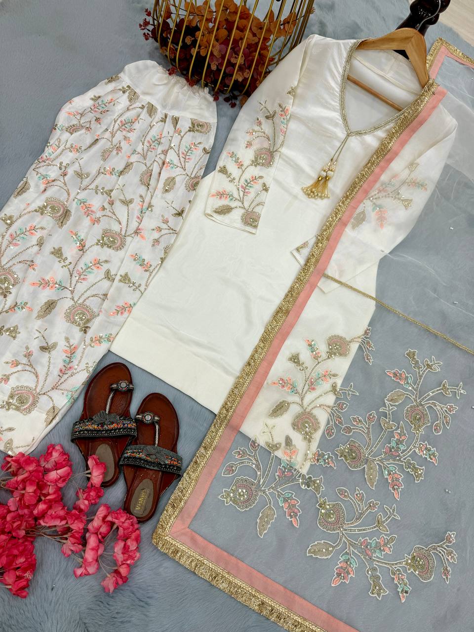 Short Kurta With Floral Embroidery Paired with Farshi Salwar and Net Dupatta with Gold Lace