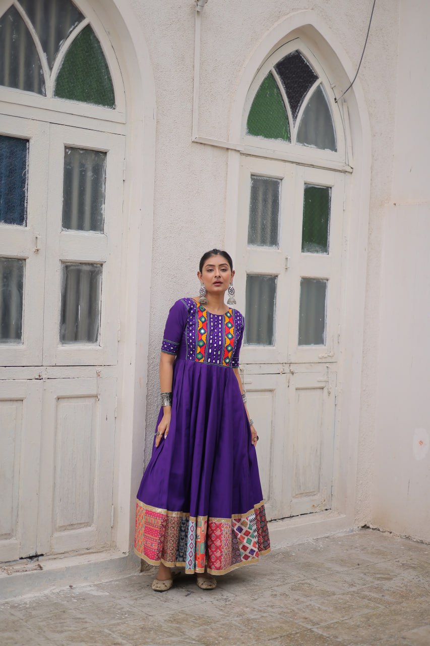 Gamthi Mirror Work Anarkali Gown With Multicolor Kutchi Patch Border