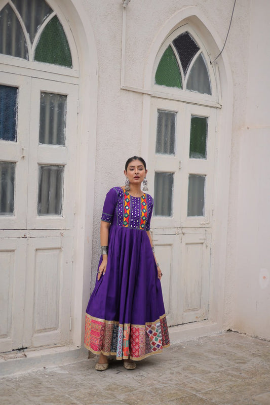 Gamthi Mirror Work Anarkali Gown With Multicolor Kutchi Patch Border