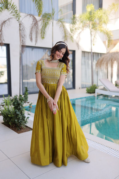 Mehendi Green Silk Anarkali Gown With Heavy Zari Embroidered