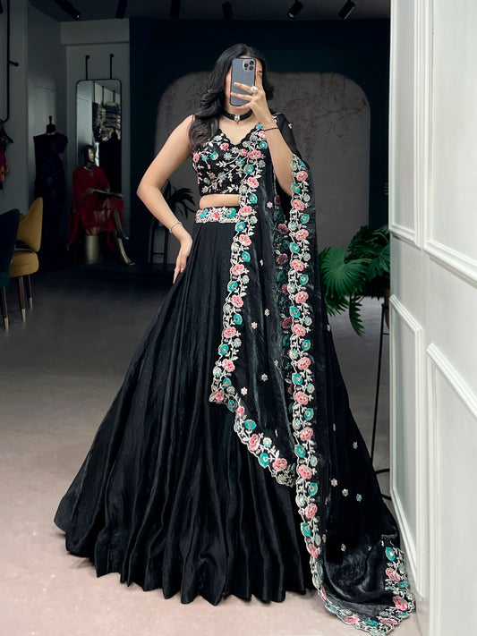 Black Embroidered Floral Lehenga Choli With Matching Dupatta