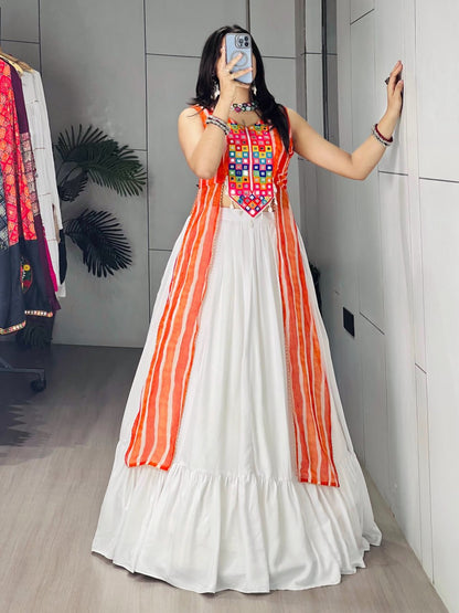 White Flared Lehenga Choli With Orange Leheriya Dupatta And Mirror Work