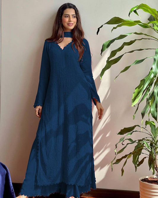 Navy Blue Chikankari Kurti With Lace Detail And Full Length Ethnic Wear
