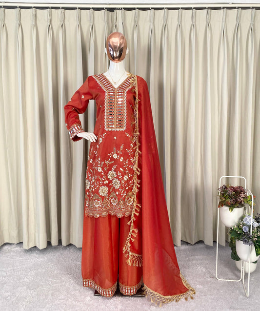 Elegant Embroidery And Mirror Work Sharara Suit With Dupatta