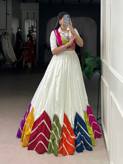 White Multicolor Panel Lehenga Choli With Embroidered Contrast Blouse