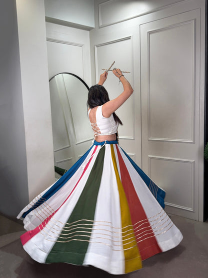 Multicolor Panelled Navratri Lehenga With Gota Patti Work And Mirror Choli