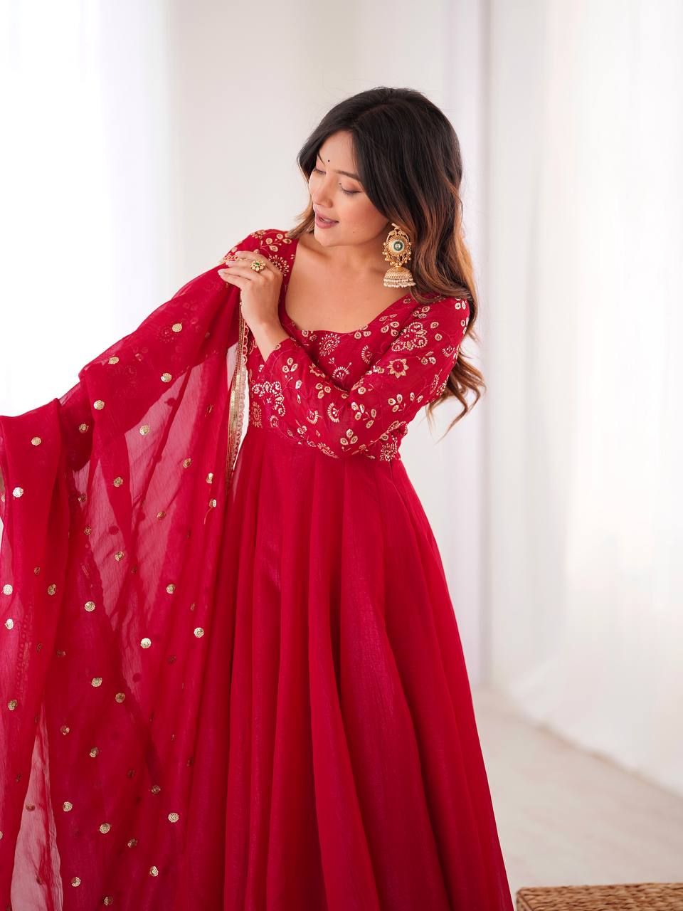 Cherry Red Sequins Embroidered Anarkali Suit Set With Dupatta