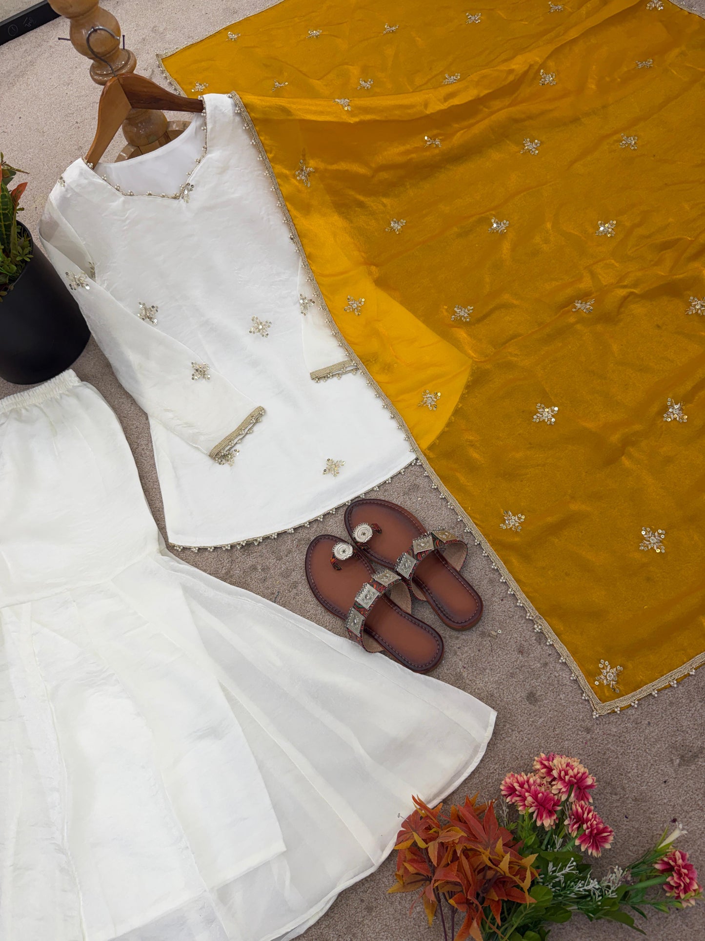 Embroidered Sharara Set With Contrast Sequin Mustard Yellow Dupatta